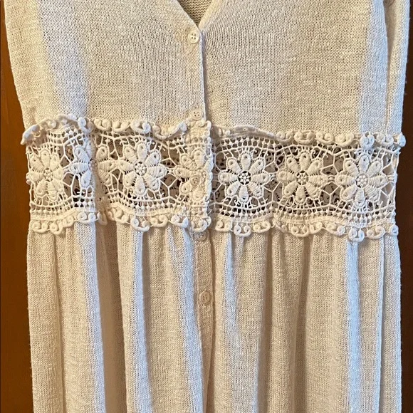 ONE CLOTHING Sleeveless Crochet Cream Knit Maxi Duster Button Resortwear Sweater - Picture 4 of 13